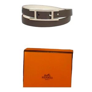 HERMES Api II Grey/White Reversible Leather Bracelet w/ Silver + Box (Like NEW)
